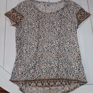 Women's Large Lucky Brand Blue and Brown Patterned Short Sleeve Top
